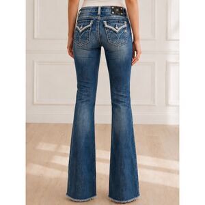 Miss Me Y2K Bling Rhinestone Leather Trim Bootcut Medium Wash JW5087B2 Size 29